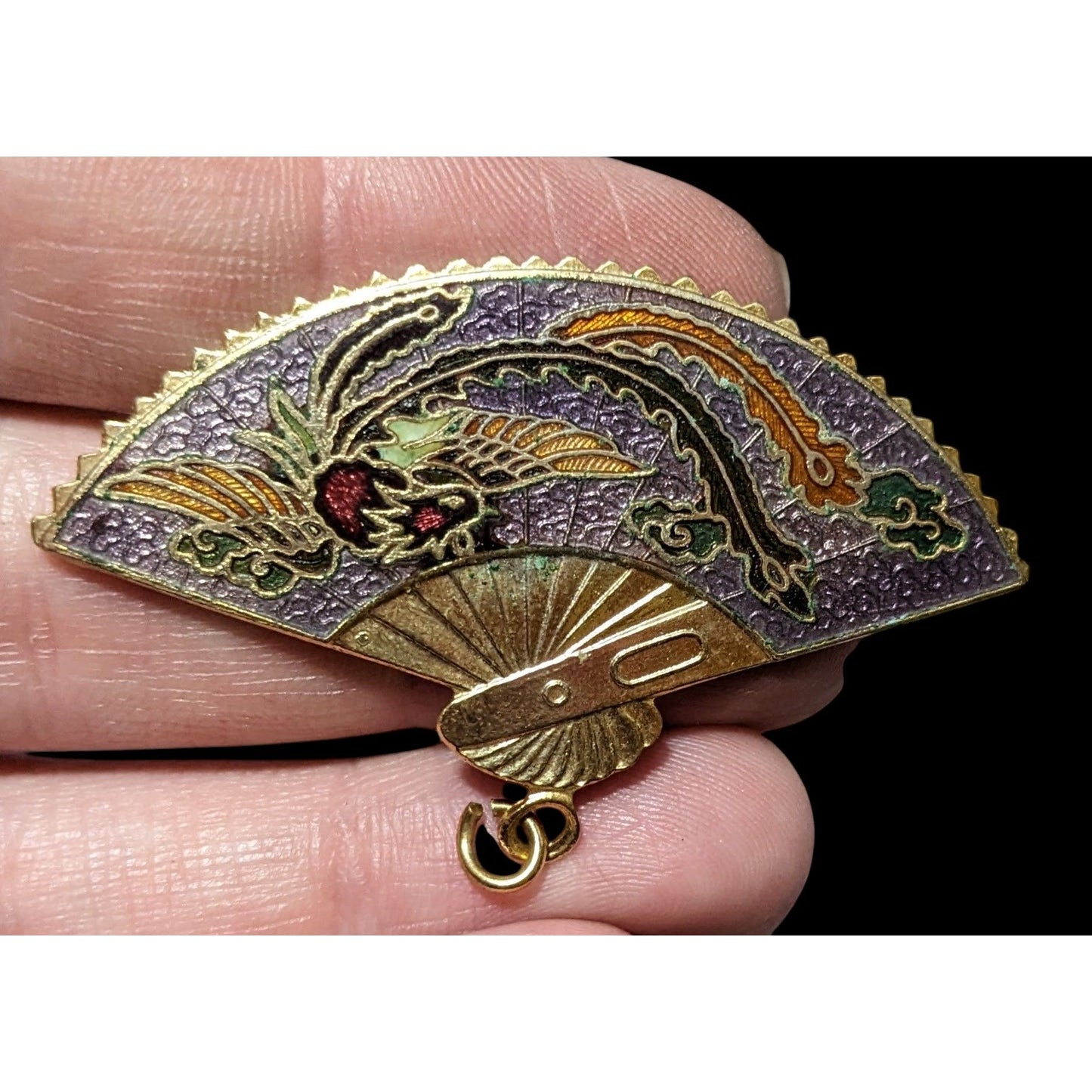 Vintage Cloisonne Enamel Phoenix Fan Brooch