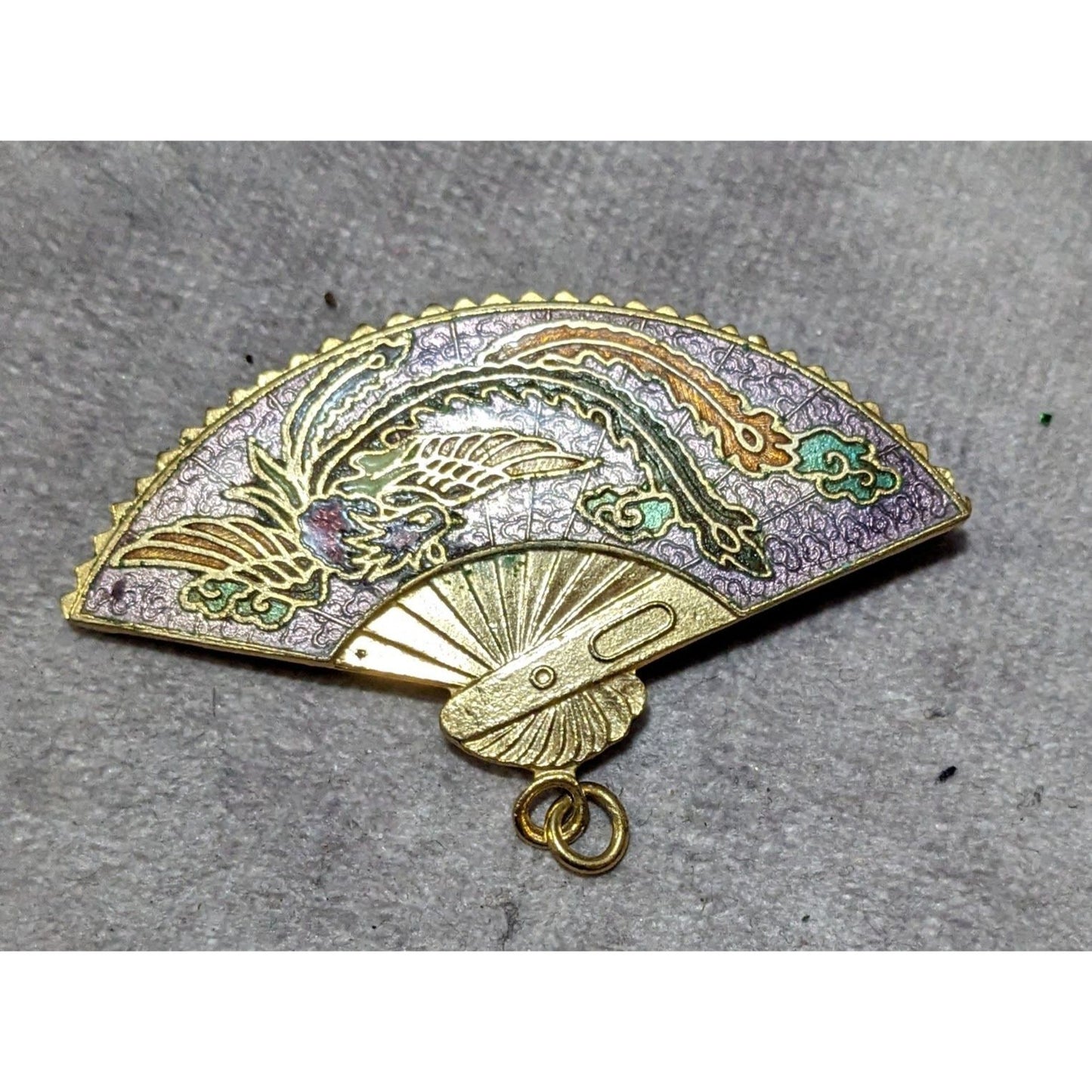 Vintage Cloisonne Enamel Phoenix Fan Brooch