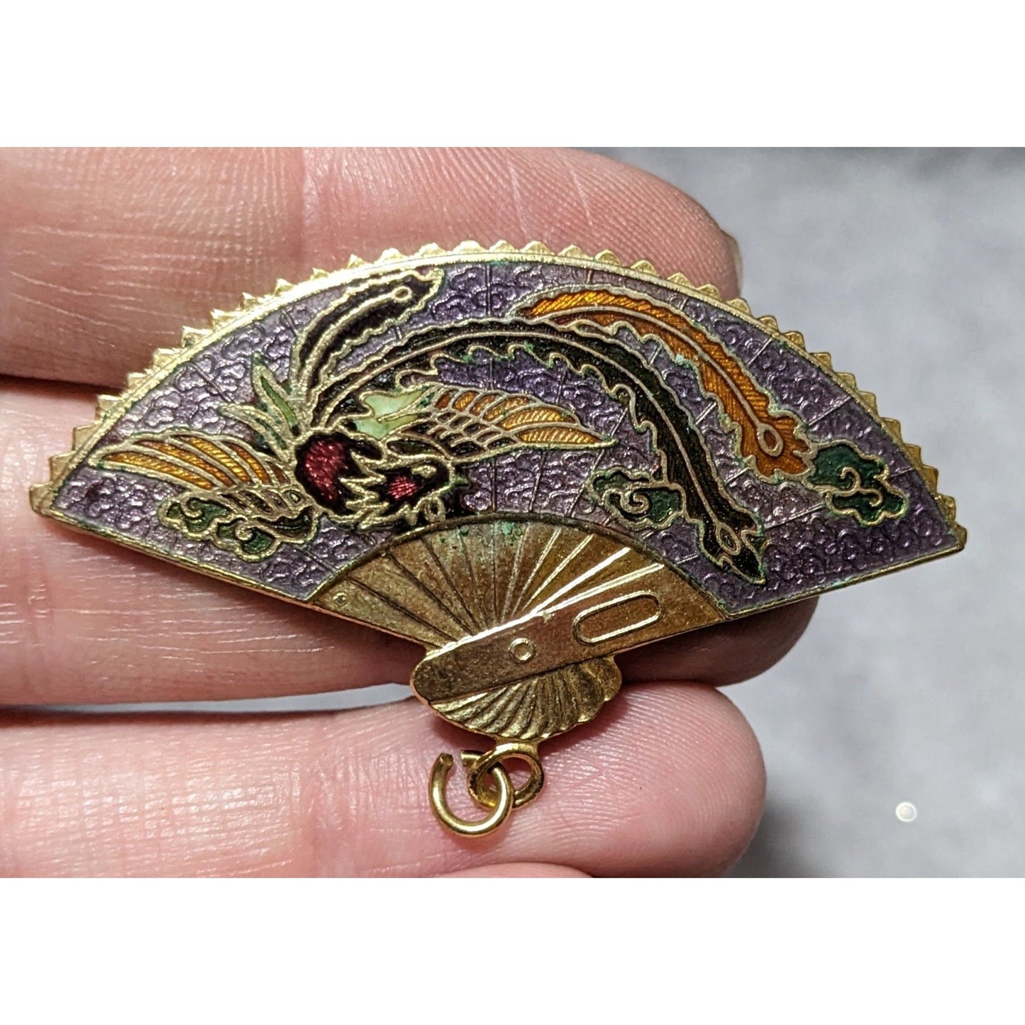 Vintage Cloisonne Enamel Phoenix Fan Brooch