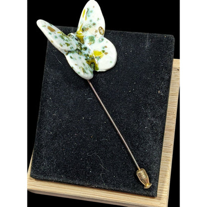 Vintage Ceramic Butterfly Stick Pin Mottled White And Green Glaze
