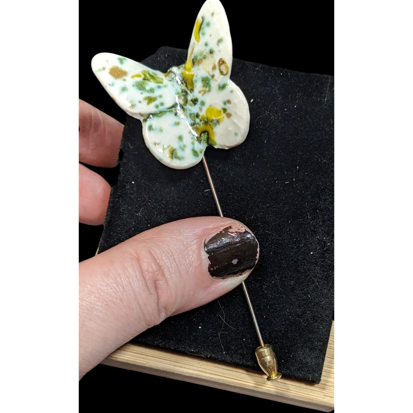Vintage Ceramic Butterfly Stick Pin Mottled White And Green Glaze