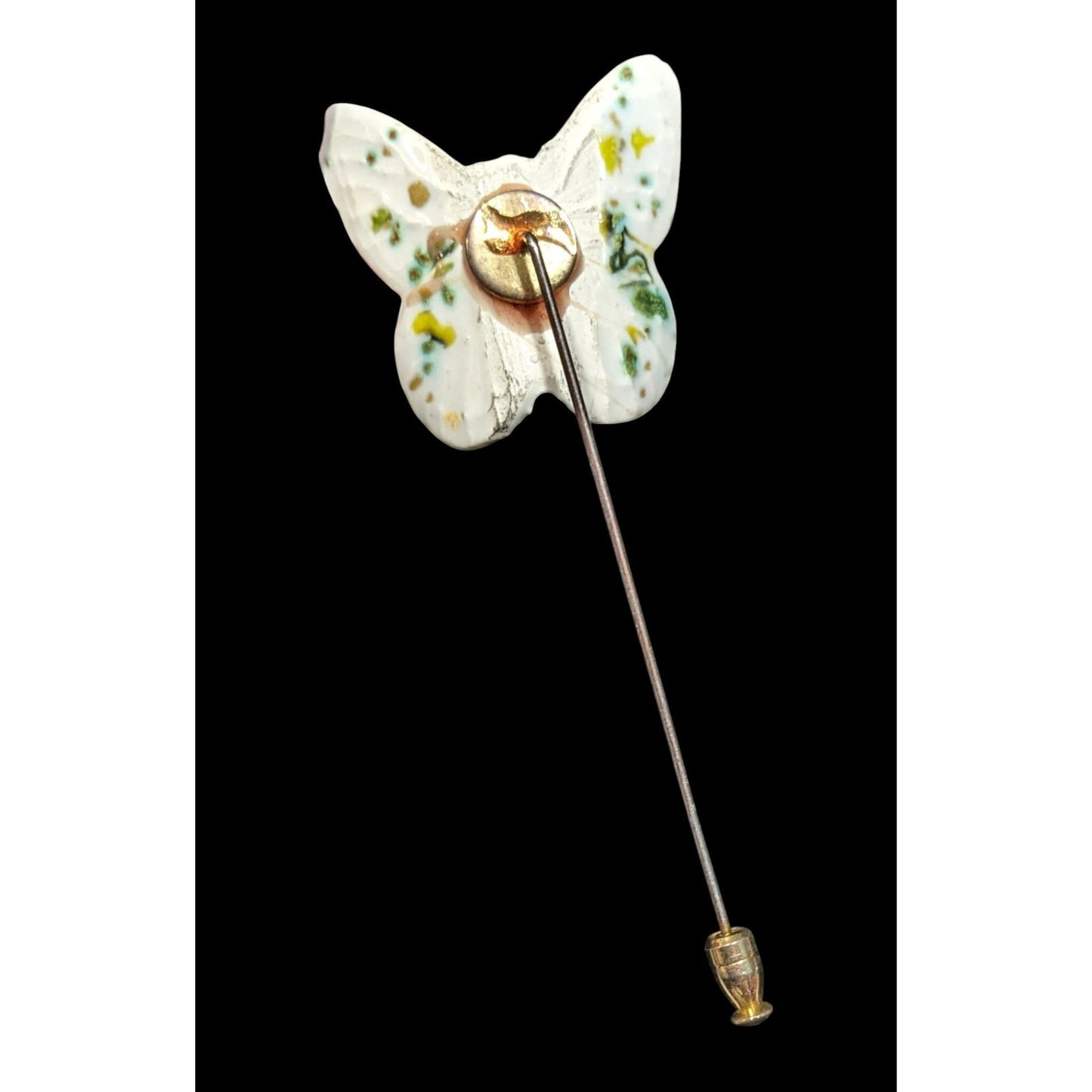 Vintage Ceramic Butterfly Stick Pin Mottled White And Green Glaze