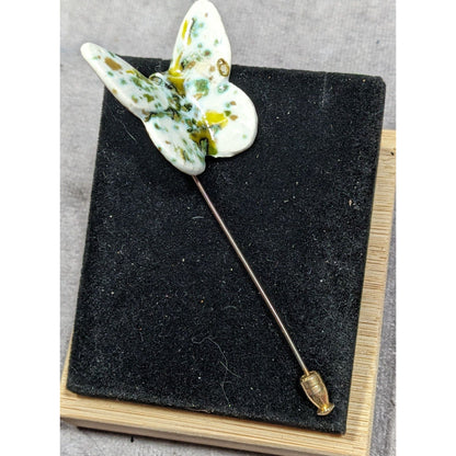 Vintage Ceramic Butterfly Stick Pin Mottled White And Green Glaze