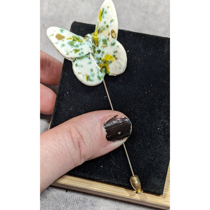 Vintage Ceramic Butterfly Stick Pin Mottled White And Green Glaze