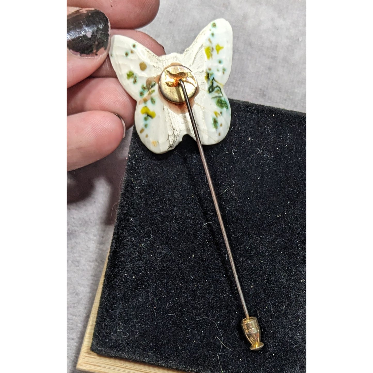 Vintage Ceramic Butterfly Stick Pin Mottled White And Green Glaze