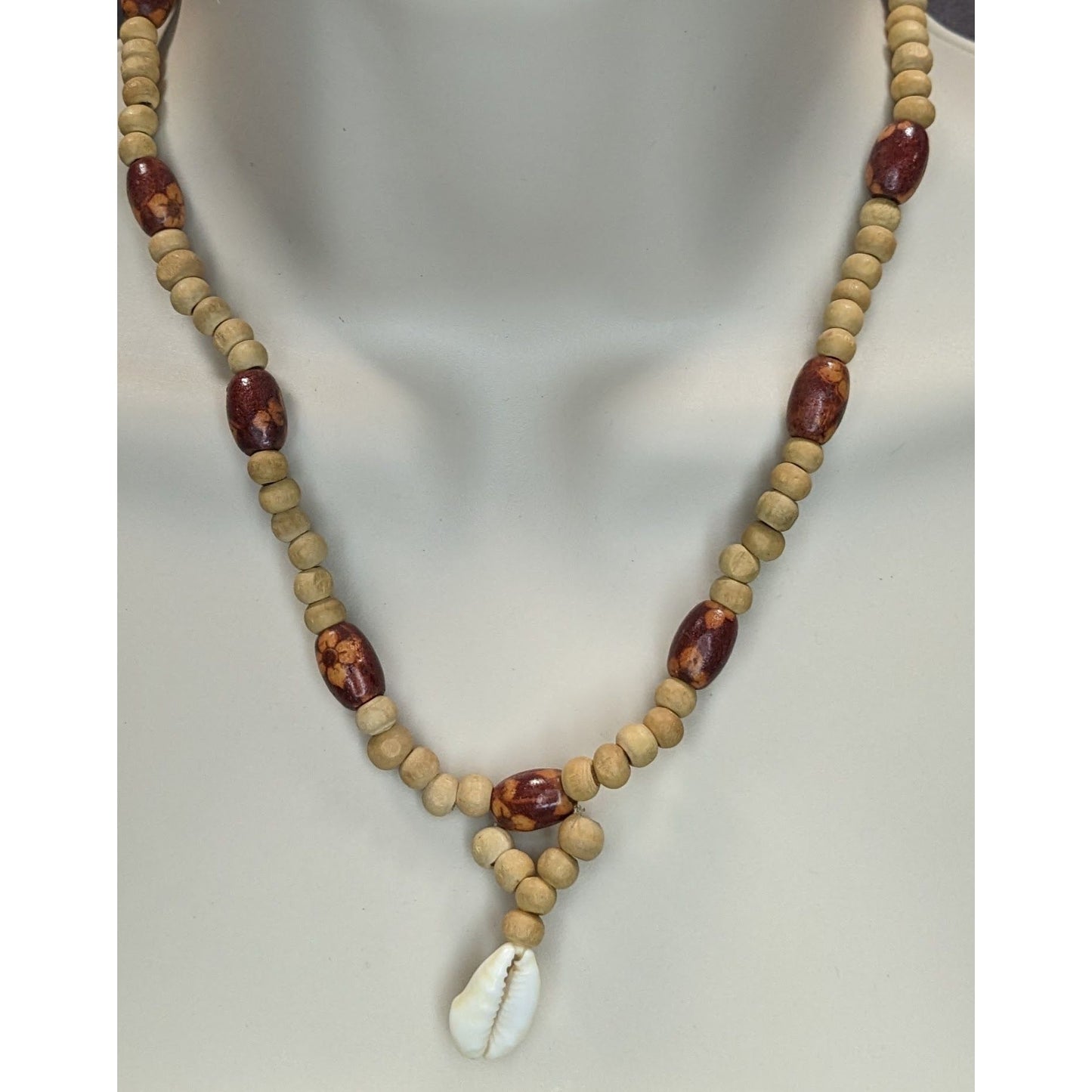 Vintage Handmade Wood Beaded Necklace Cowrie Shell Pendant Boho Beach
