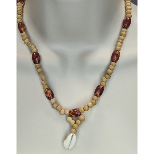 Vintage Handmade Wood Beaded Necklace Cowrie Shell Pendant Boho Beach