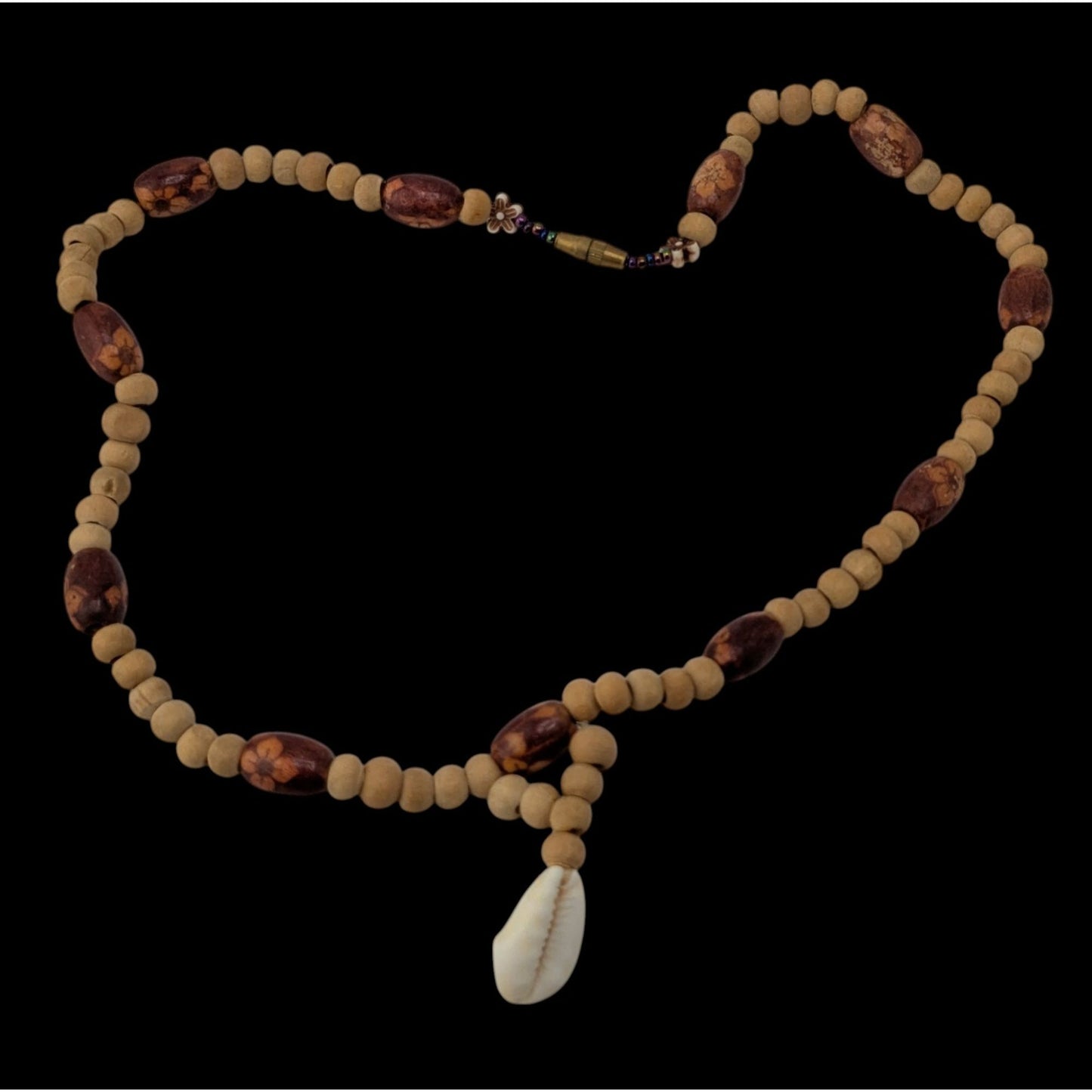 Vintage Handmade Wood Beaded Necklace Cowrie Shell Pendant Boho Beach