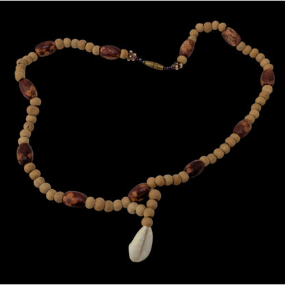 Vintage Handmade Wood Beaded Necklace Cowrie Shell Pendant Boho Beach