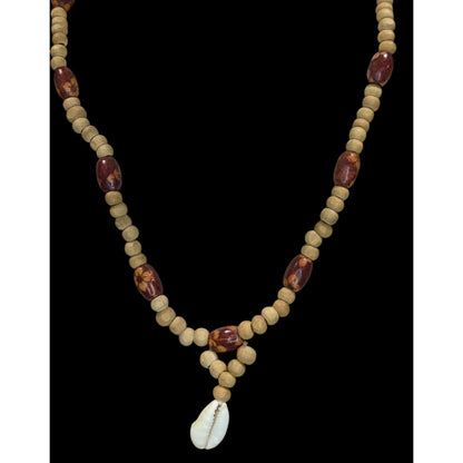 Vintage Handmade Wood Beaded Necklace Cowrie Shell Pendant Boho Beach