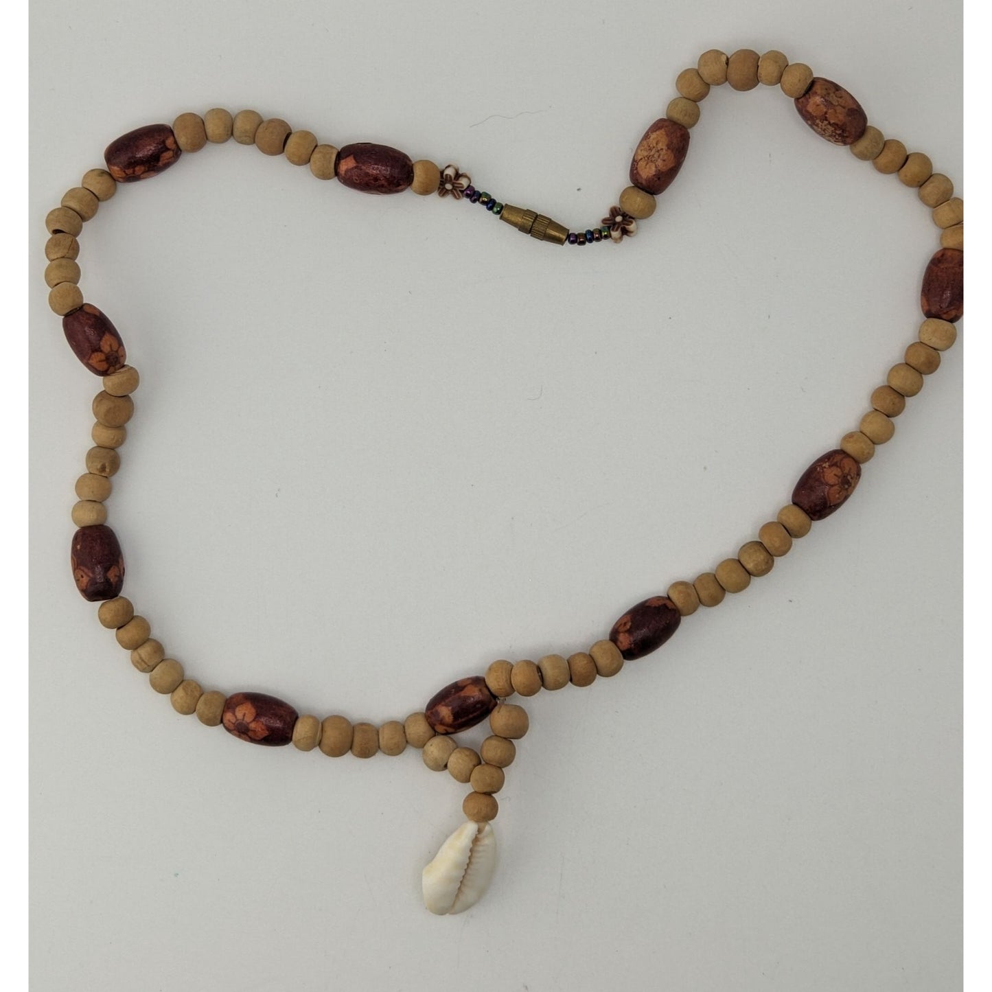 Vintage Handmade Wood Beaded Necklace Cowrie Shell Pendant Boho Beach