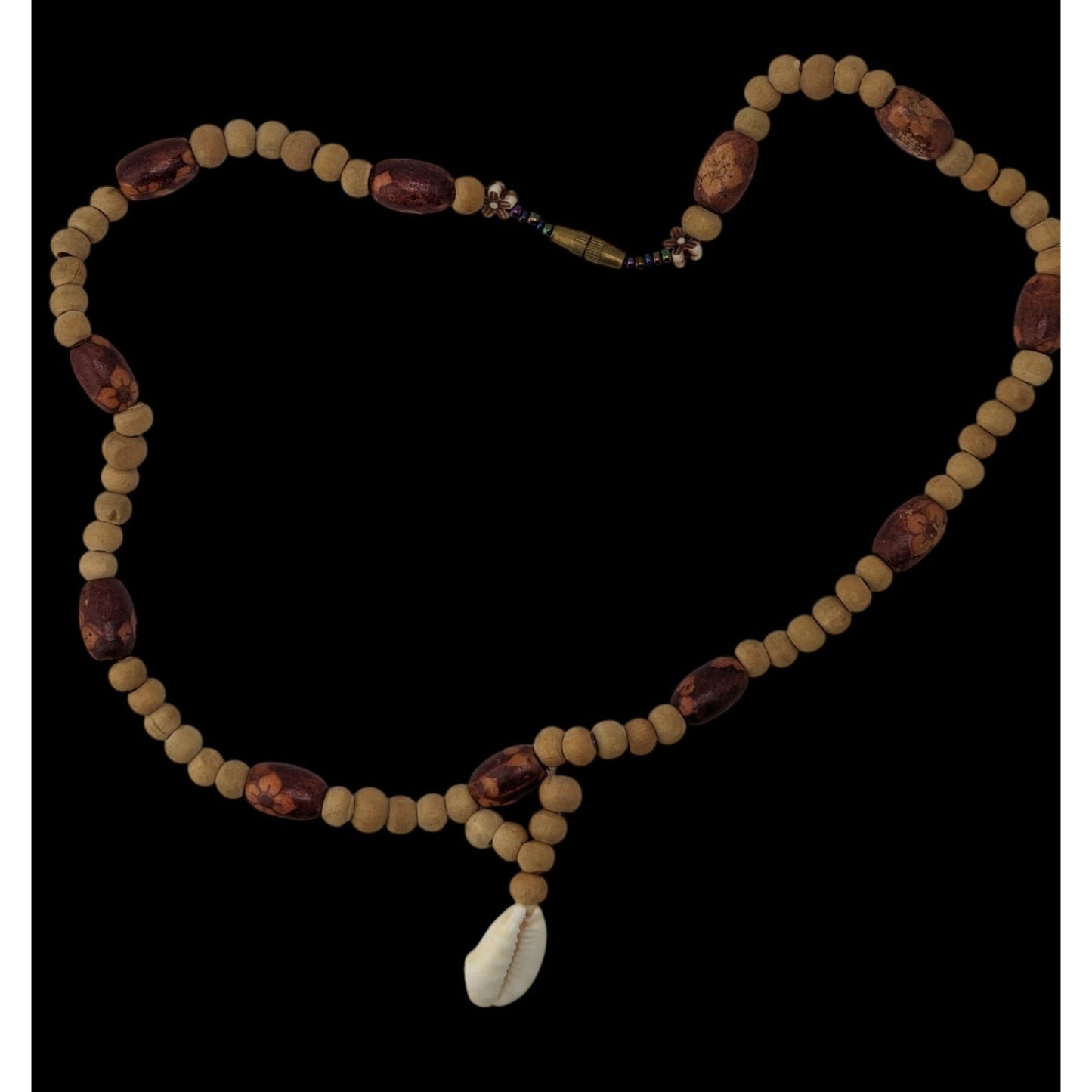 Vintage Handmade Wood Beaded Necklace Cowrie Shell Pendant Boho Beach
