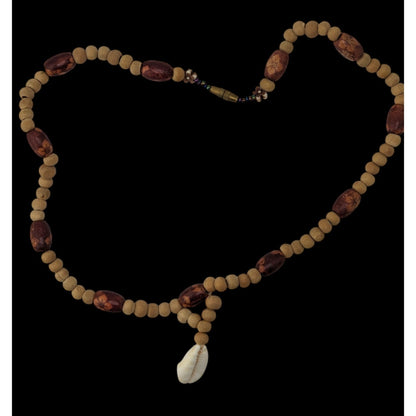Vintage Handmade Wood Beaded Necklace Cowrie Shell Pendant Boho Beach