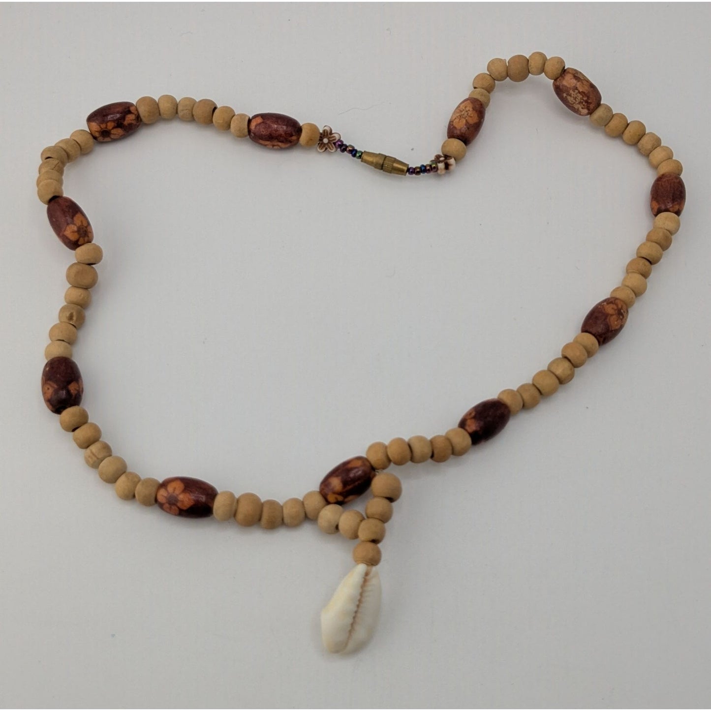 Vintage Handmade Wood Beaded Necklace Cowrie Shell Pendant Boho Beach