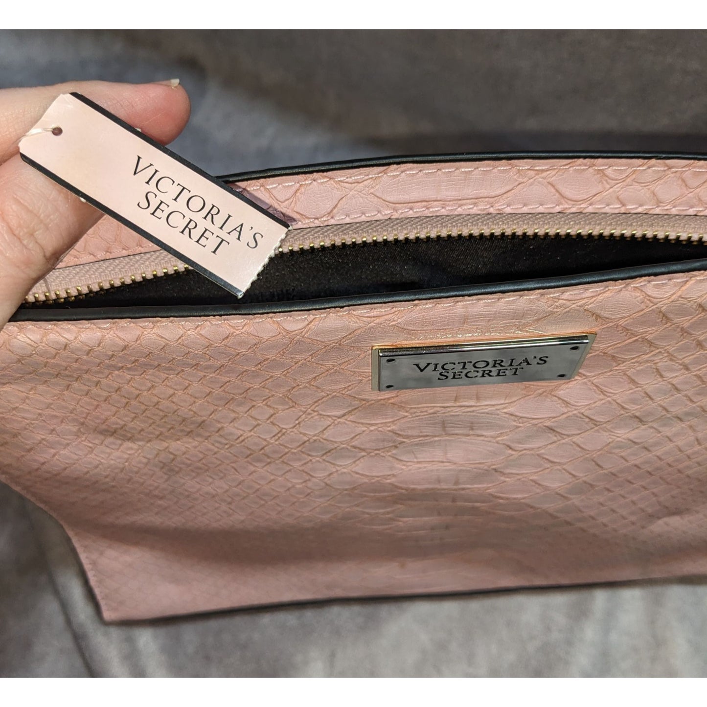 Victorias Secret Light Pink Faux Leather Snake Textured Zip Top Clutch With Tassel Accent