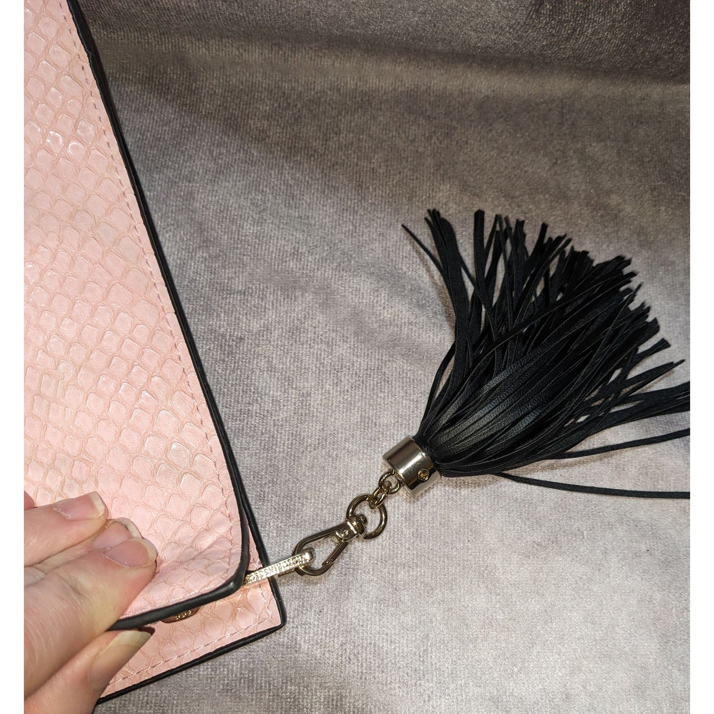 Victorias Secret Light Pink Faux Leather Snake Textured Zip Top Clutch With Tassel Accent