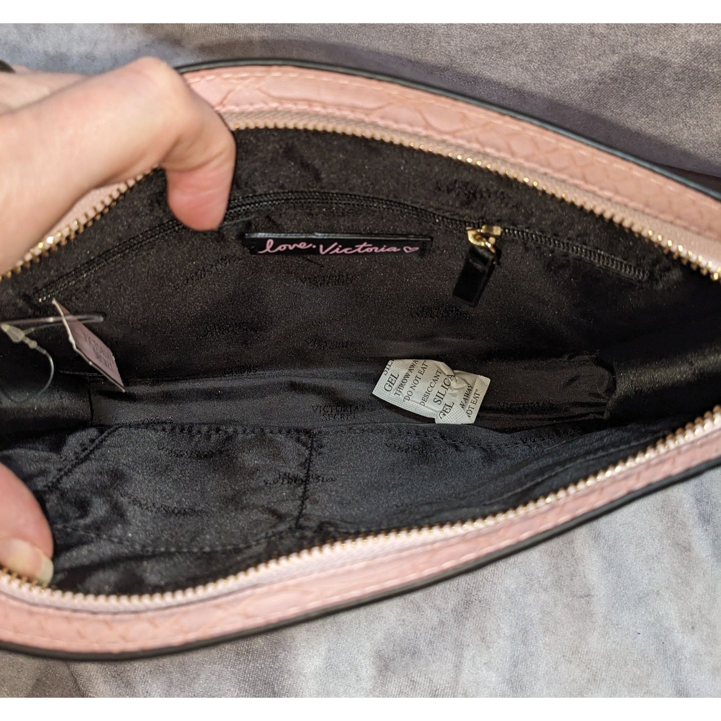 Victorias Secret Light Pink Faux Leather Snake Textured Zip Top Clutch With Tassel Accent