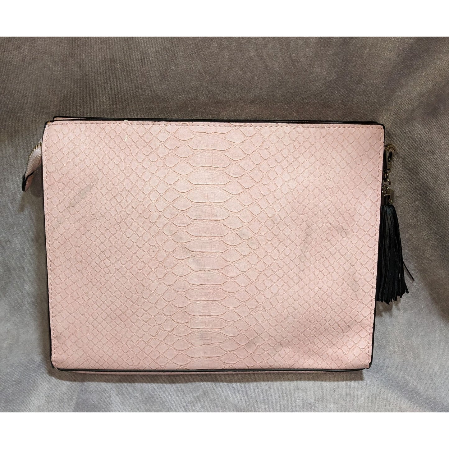 Victorias Secret Light Pink Faux Leather Snake Textured Zip Top Clutch With Tassel Accent