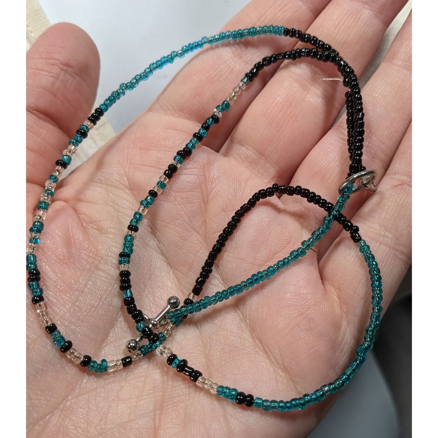Simple Black And Teal Handmade Glass Beaded Toggle Necklace