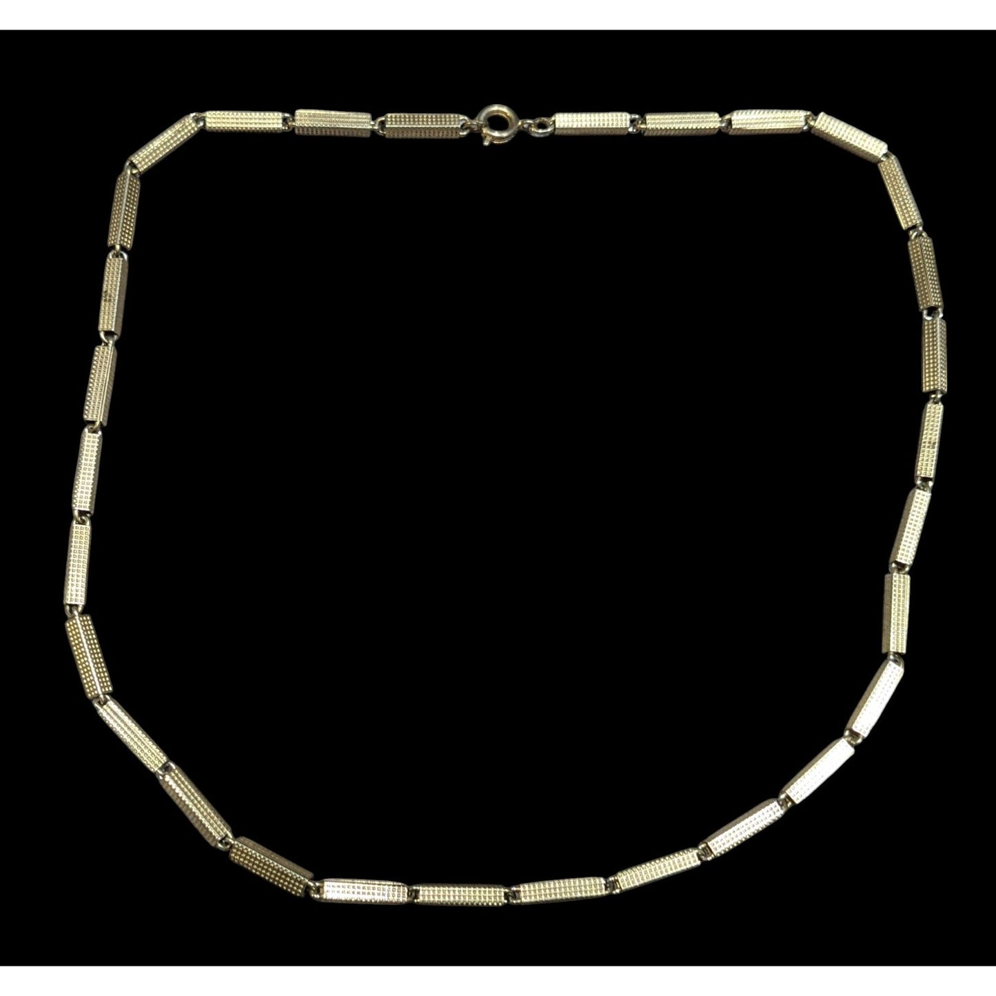 Vintage Rectangular Tube Chain Necklace Gold Tone With Textured Finish