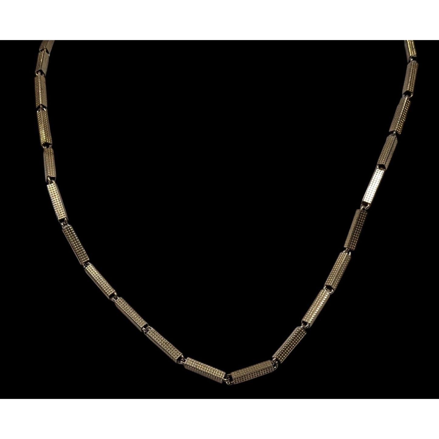 Vintage Rectangular Tube Chain Necklace Gold Tone With Textured Finish