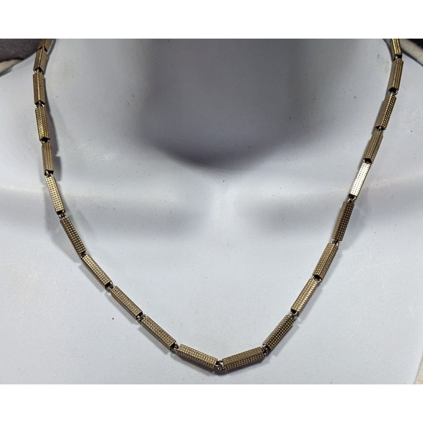 Vintage Rectangular Tube Chain Necklace Gold Tone With Textured Finish