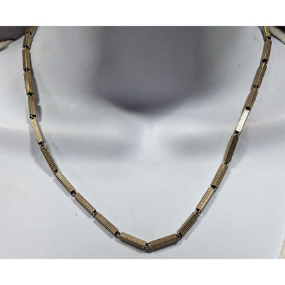 Vintage Rectangular Tube Chain Necklace Gold Tone With Textured Finish