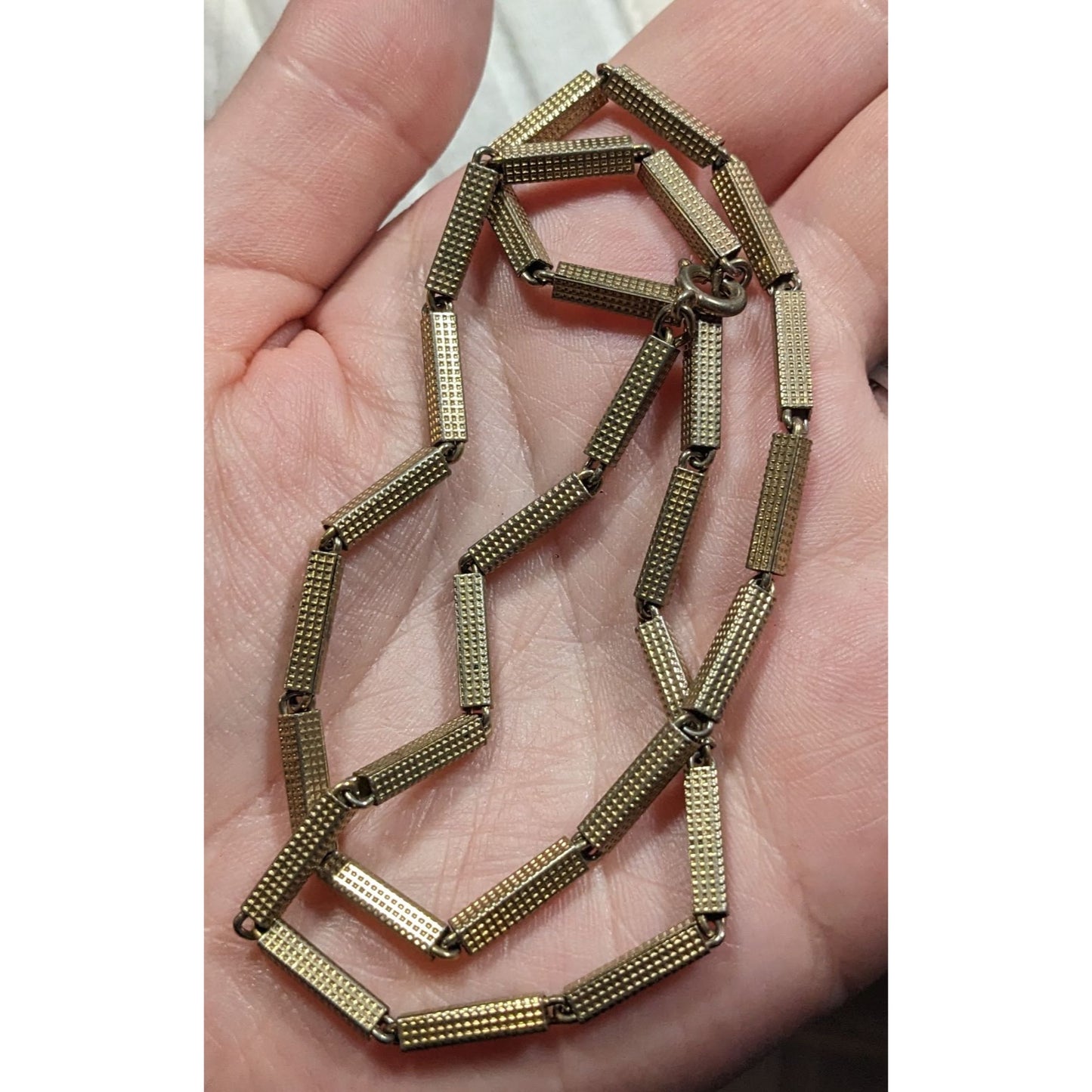 Vintage Rectangular Tube Chain Necklace Gold Tone With Textured Finish