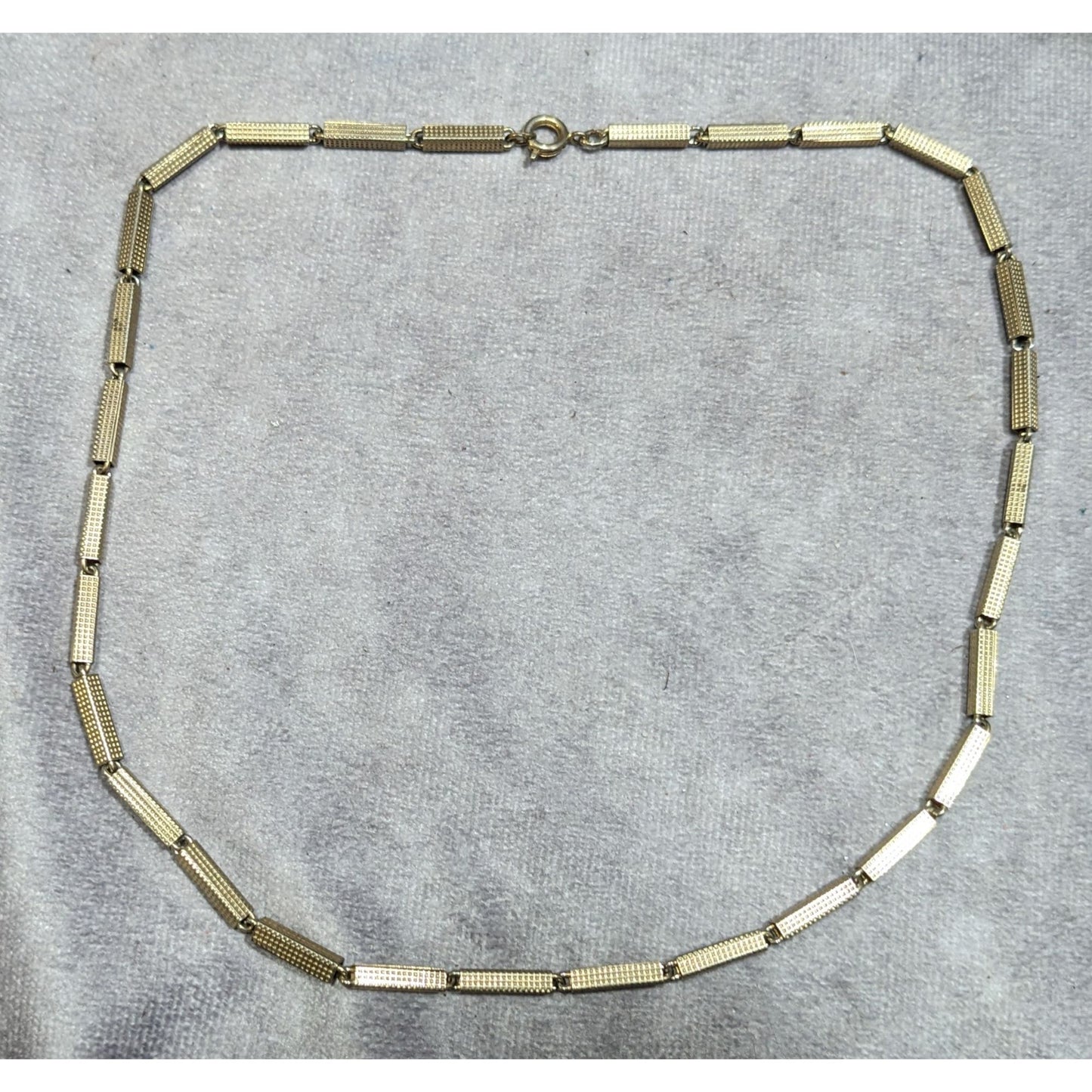 Vintage Rectangular Tube Chain Necklace Gold Tone With Textured Finish