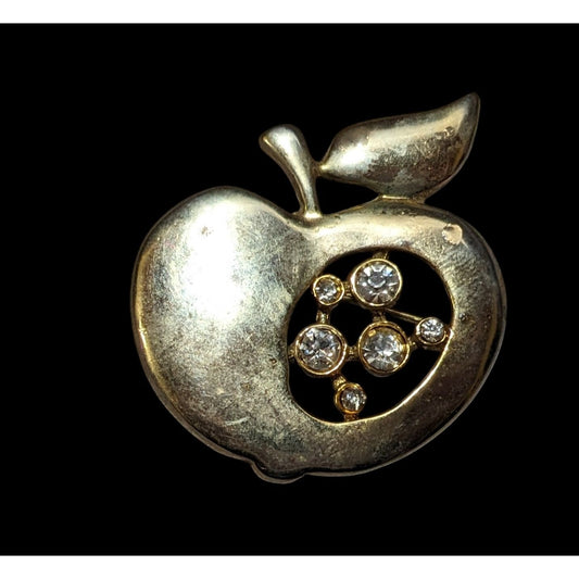 Vintage Gold Tone Apple Rhinestone Accented Brooch