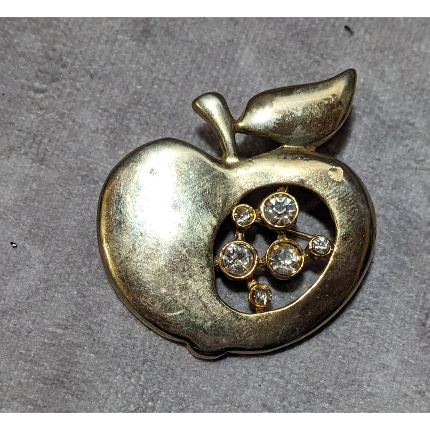 Vintage Gold Tone Apple Rhinestone Accented Brooch