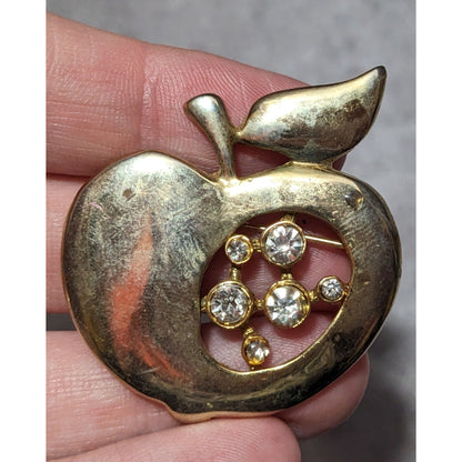 Vintage Gold Tone Apple Rhinestone Accented Brooch