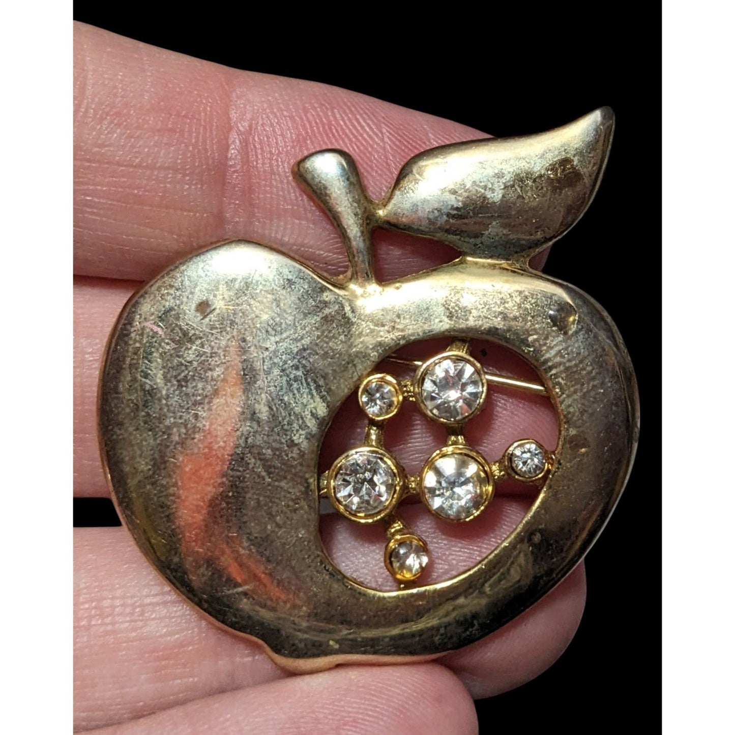 Vintage Gold Tone Apple Rhinestone Accented Brooch