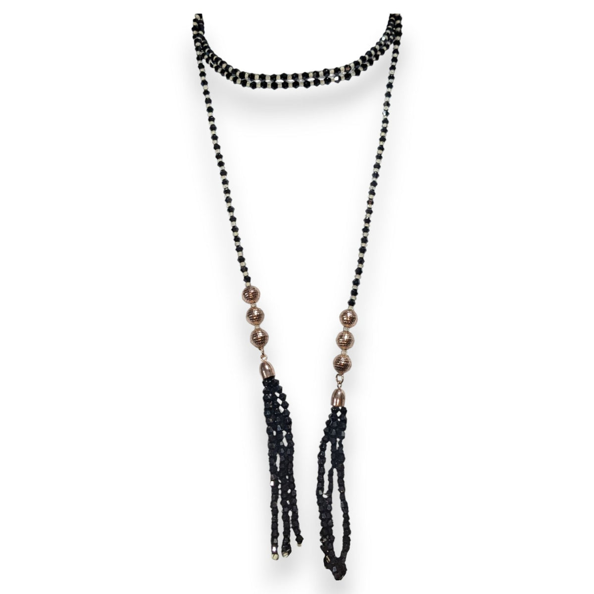 Gothic Glam Black Glass Beaded Wrap Choker Rose Gold Tassel Necklace 54 Inch