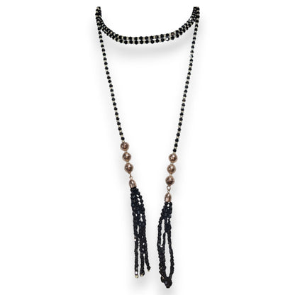 Gothic Glam Black Glass Beaded Wrap Choker Rose Gold Tassel Necklace 54 Inch