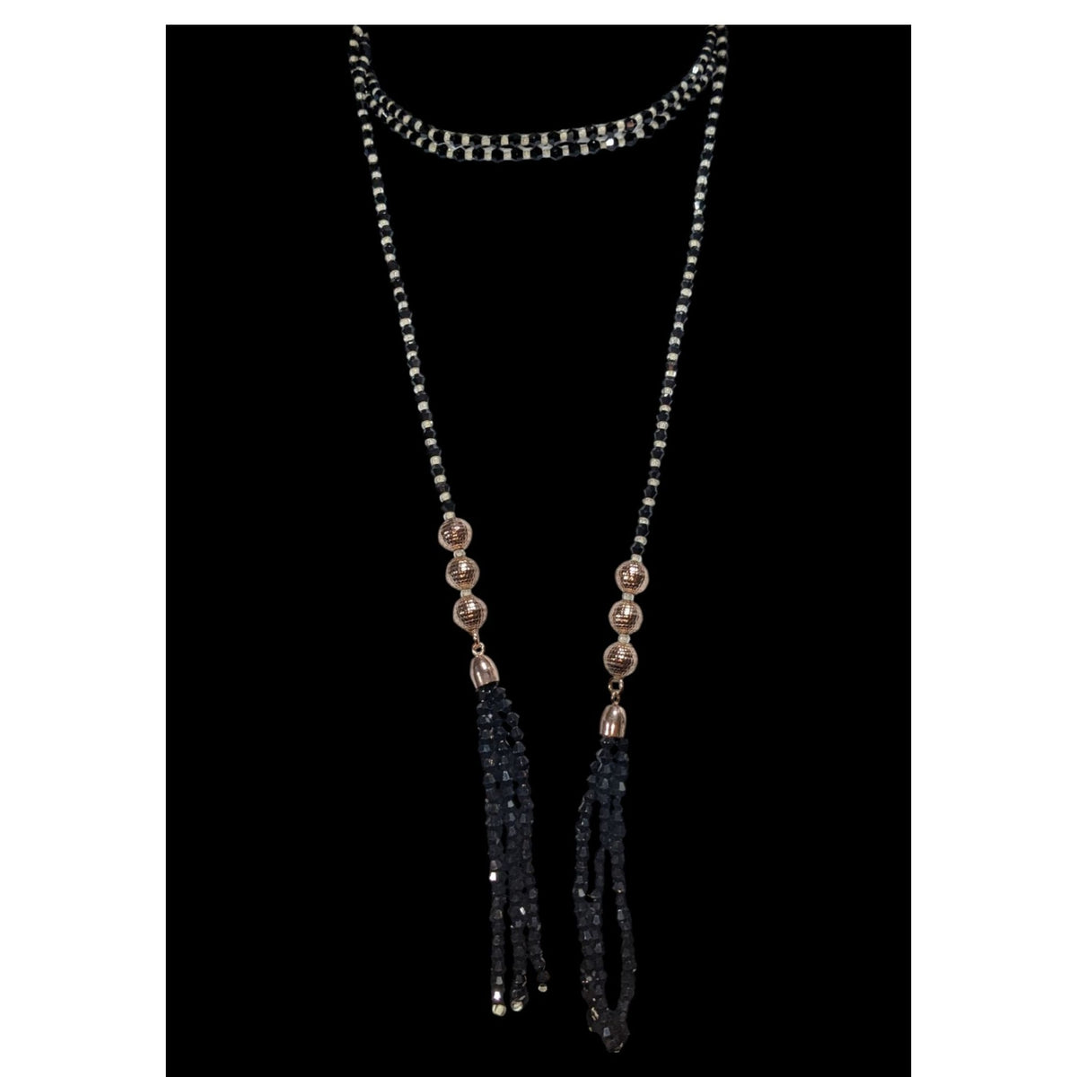 Gothic Glam Black Glass Beaded Wrap Choker Rose Gold Tassel Necklace 54 Inch