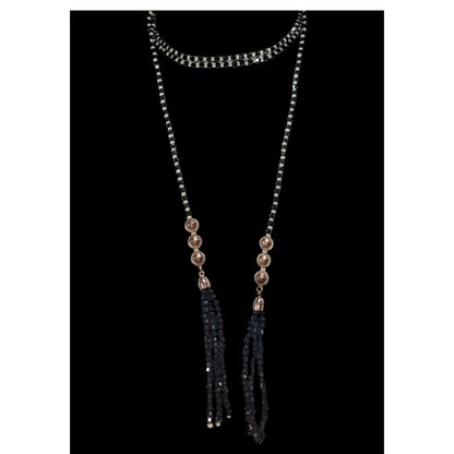 Gothic Glam Black Glass Beaded Wrap Choker Rose Gold Tassel Necklace 54 Inch