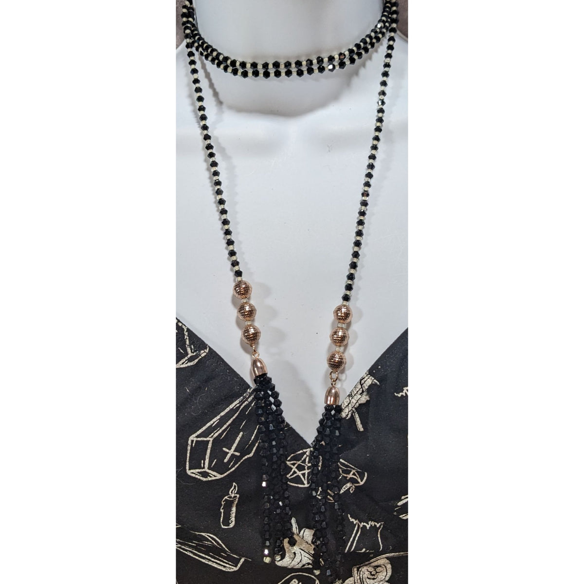 Gothic Glam Black Glass Beaded Wrap Choker Rose Gold Tassel Necklace 54 Inch