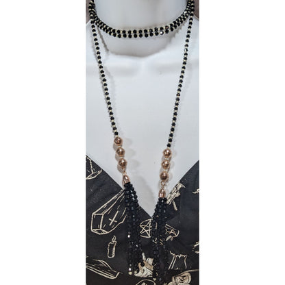 Gothic Glam Black Glass Beaded Wrap Choker Rose Gold Tassel Necklace 54 Inch