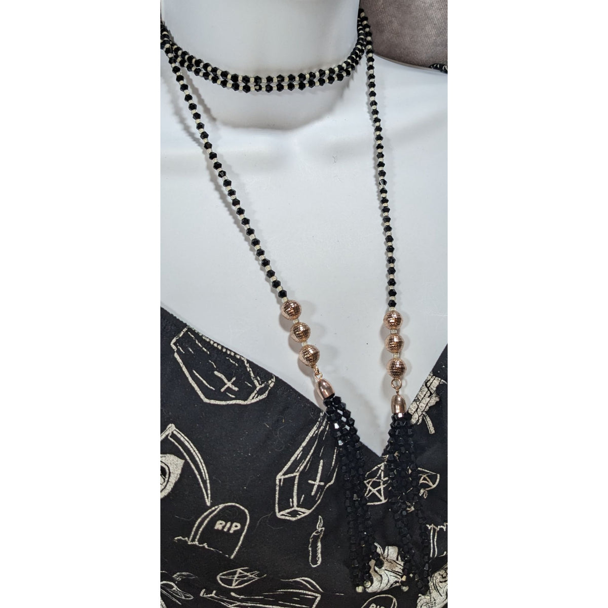 Gothic Glam Black Glass Beaded Wrap Choker Rose Gold Tassel Necklace 54 Inch