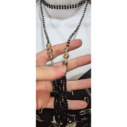 Gothic Glam Black Glass Beaded Wrap Choker Rose Gold Tassel Necklace 54 Inch