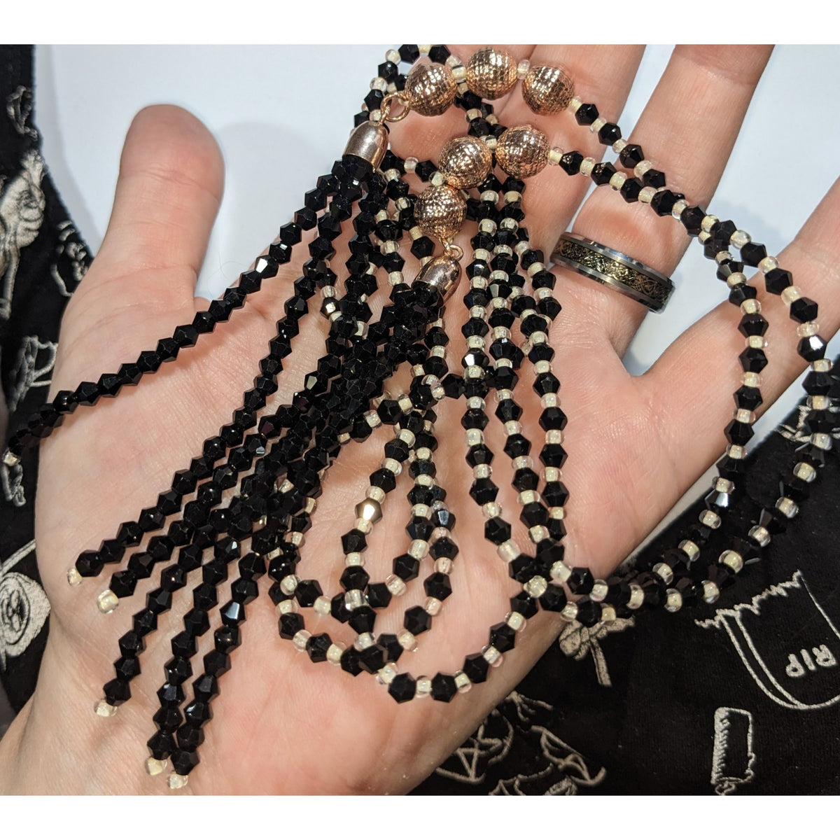Gothic Glam Black Glass Beaded Wrap Choker Rose Gold Tassel Necklace 54 Inch