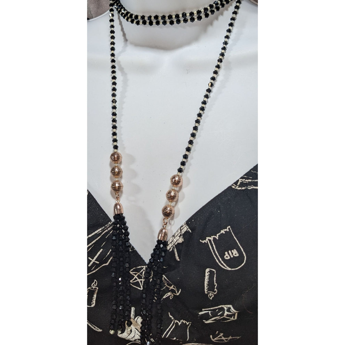 Gothic Glam Black Glass Beaded Wrap Choker Rose Gold Tassel Necklace 54 Inch