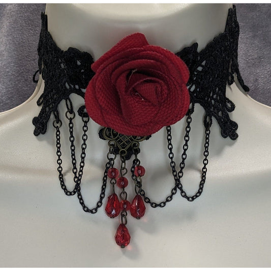 Gothic Vampire Lace Black Red Rose Choker Necklace 10 Inch Damaged