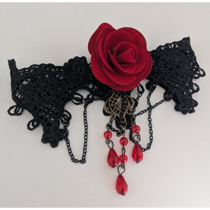 Gothic Vampire Lace Black Red Rose Choker Necklace 10 Inch Damaged