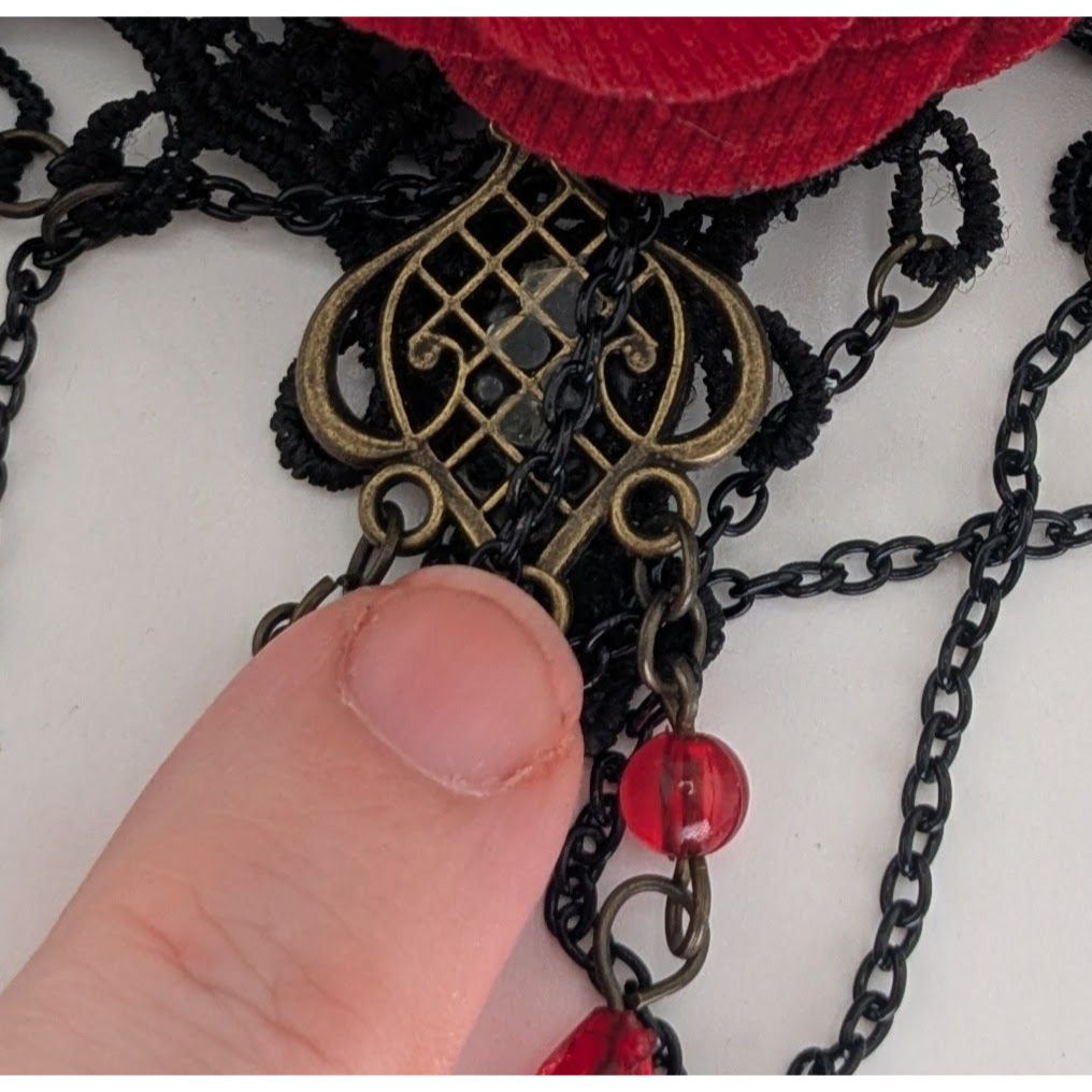 Gothic Vampire Lace Black Red Rose Choker Necklace 10 Inch Damaged
