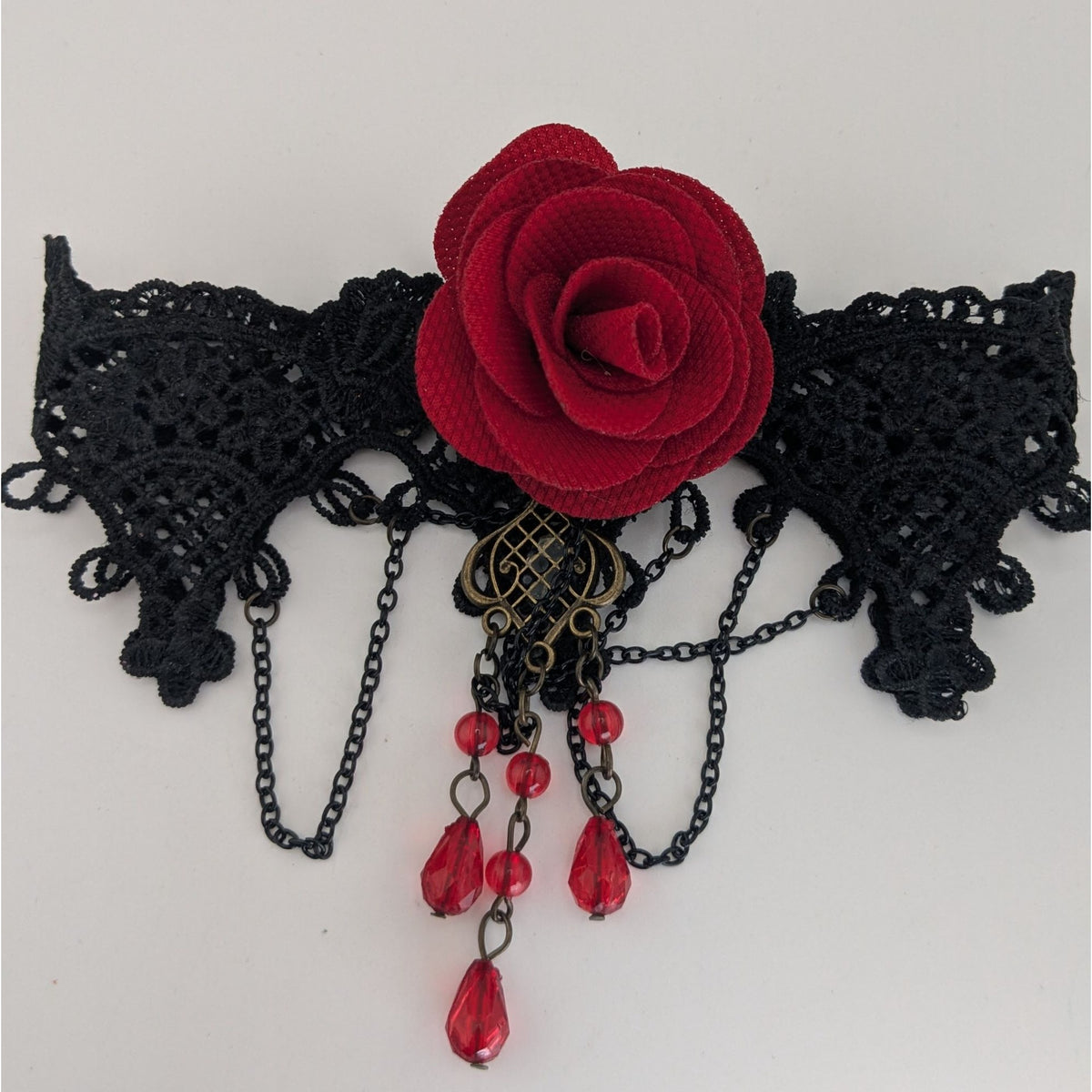 Gothic Vampire Lace Black Red Rose Choker Necklace 10 Inch Damaged