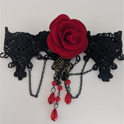 Gothic Vampire Lace Black Red Rose Choker Necklace 10 Inch Damaged