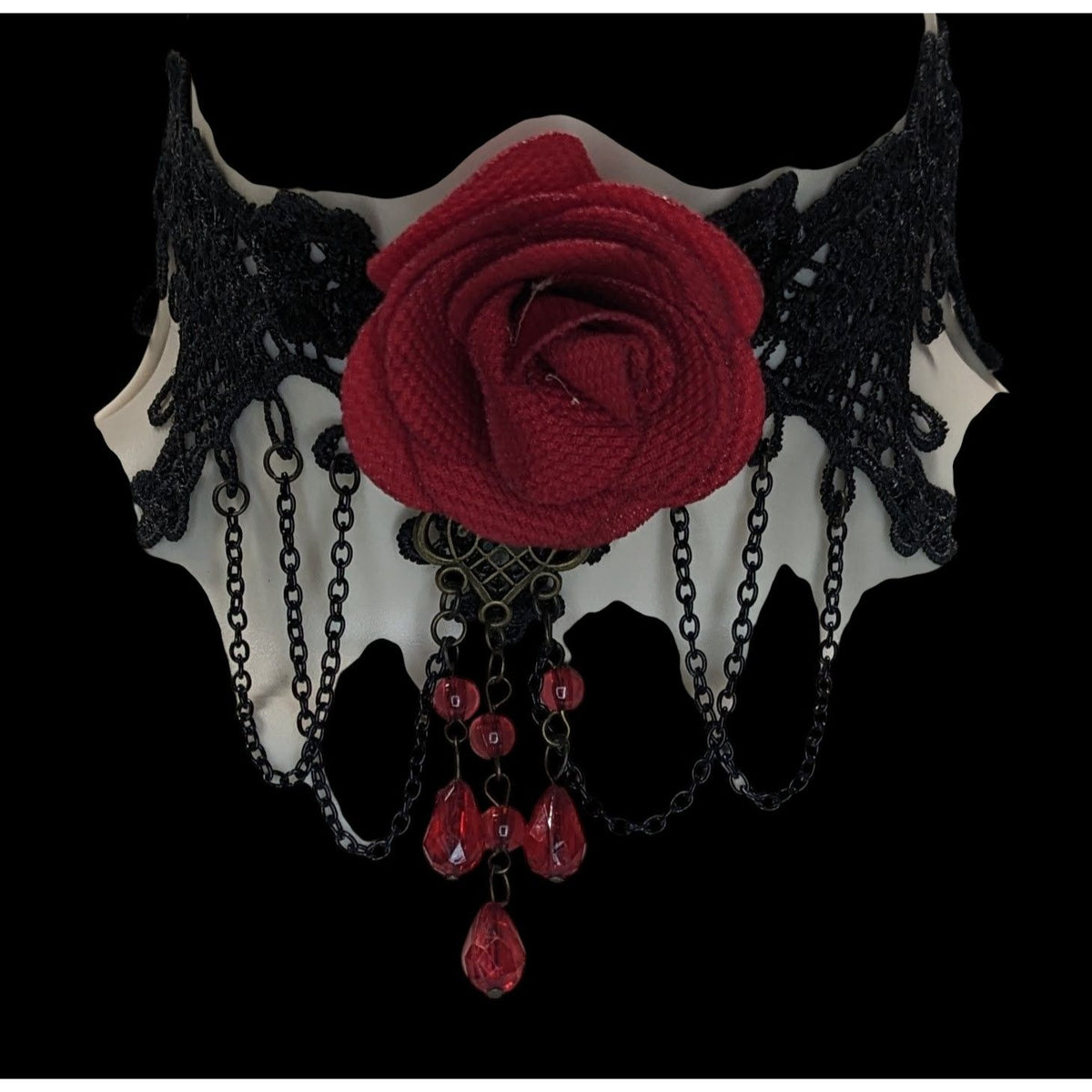 Gothic Vampire Lace Black Red Rose Choker Necklace 10 Inch Damaged