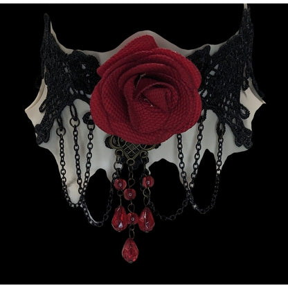 Gothic Vampire Lace Black Red Rose Choker Necklace 10 Inch Damaged